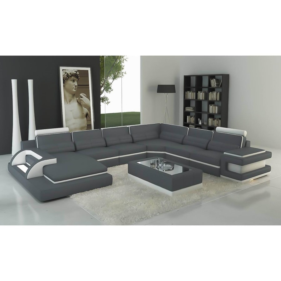 Canap&eacute; d'angle panoramique design en cuir gris et blanc avec lumi&egrave;re int&eacute;gr&eacute;e